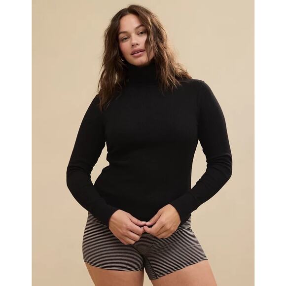 NWT Aerie Black Essential Turtleneck Layering T-shirt Ribbed Small - Picture 1 of 7
